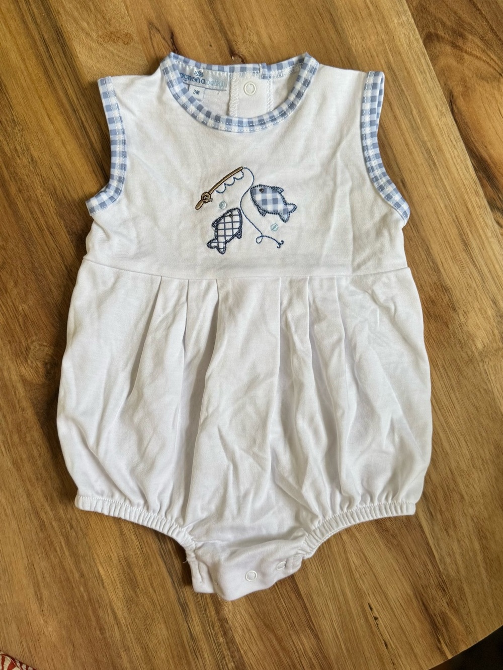 Magnolia Baby Sleeveless Bubble Romper with Blue Gingham Trim and Fish Applique